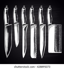  Set of chalk drawn knives. Hand drawn vector illustration. Cooking poster.