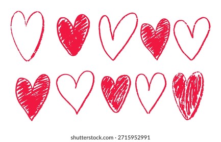 Conjunto de corazones dibujados con tiza. Diferentes corazones rojos para el día de San Valentín, carteles, tarjetas, invitación