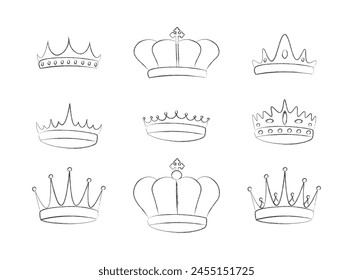 Conjunto de tiza elegante corona real. Símbolos de la coronación imperial real. Iconos aislados en estilo de pintura con textura de pinceladas. Ilustración vectorial
