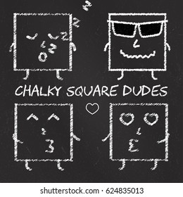 Set of chalk emoticons, blackboard backgound, emoji chalky cool square dudes.