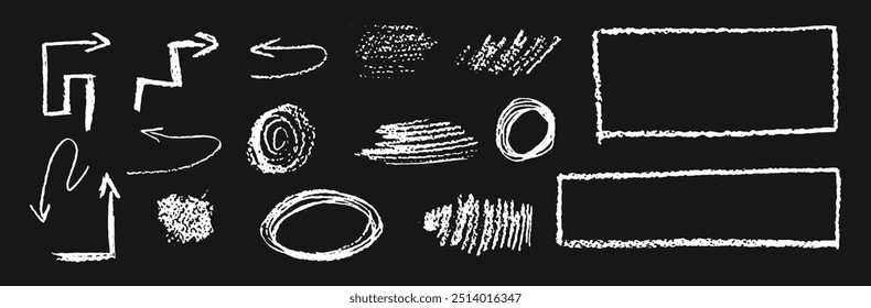Set of chalk graphic elements. Rectangular frames, ovals, arrows and scribbles. Collection of school children chalk drawn geometric shapes. Vector crayon, rough marker sketch brush texture.