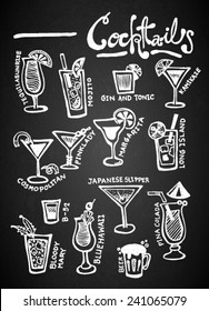 Set of chalk hand drawing Cocktails on blackboard