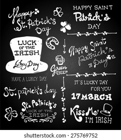 Set of chalk hand drawing St. Patrick's Day on blackboard. ,St. Patrick's Day greeting. Vector illustration
