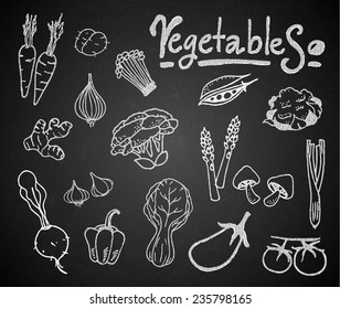 Set of chalk hand drawing vegetables on blackboard