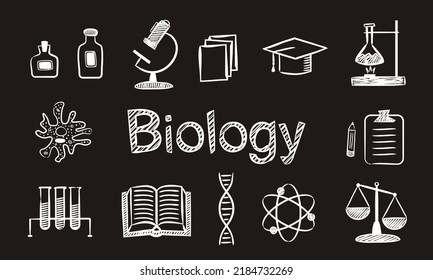 Set von Kreide handgezeichnet Biologische Schule Symbole. Piktogramme von Erziehungsobjekten, Amöben, Pflanzen, Teströhren, Experimenten, Biologie an Tafeln. Vektorgrafik für Schul- und Bildungsprojekte.