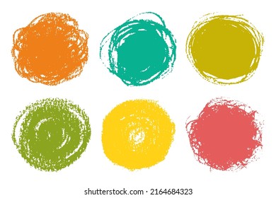 Set of chalk hand drawn  circles, round design elements on white background. Abstract freehand bright spots.  Isolated vector circle shapes as blank stamp, seal, frame, grunge background. 