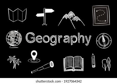 Set of chalk hand drawn Geographic school icons. Pictograms of globe, compass, map, route, mountains, navigation, Spyglass, Geography. Vector illustration for school and education projects.