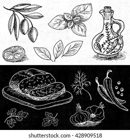 Set of chalk hand drawn, in sketch style, food and spices, black and white chalkboard background. Olive oil, pepper, bread, olive branch, leaves, lemon, basil, dill. Hand drawn vector illustration.