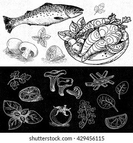 Set of chalk hand drawn, in sketch style, food and spices, black and white chalkboard background. Fish, trout, salmon, tomatoes, parsley, lemon, basil, mushrooms. Hand drawn vector illustration.