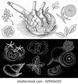 Set of chalk hand drawn, in sketch style, food and spices, black and white chalkboard background. Grilled meat with vegetables in a hot pan. Hand drawn vector illustration.
