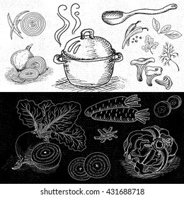Set of chalk hand drawn, in sketch style, food and spices, black and white chalkboard background. Hot soup in a pot. Wooden spoon, mushrooms, beet, pepper, cabbage, onion, carrot. Vector illustration.