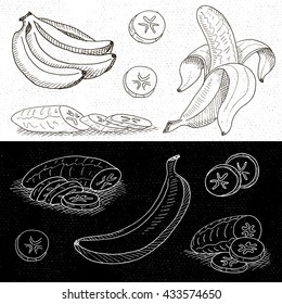 Set of chalk hand drawn, in sketch style, food and spices, black and white chalkboard background. Set with banana peeled, sliced banana, a bunch of bananas. Hand drawn vector illustration.