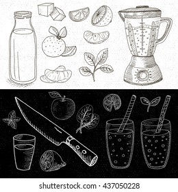 Set of chalk hand drawn, in sketch style, food and spices, black and white chalkboard background. Blender, glasses, bottle, fruit, mint, knife, smoothies, cocktails. Hand drawn vector illustration.