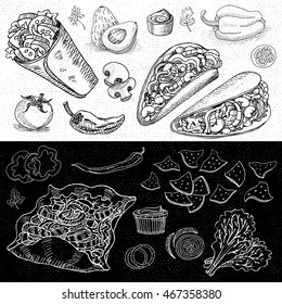 Set of chalk hand drawn, in sketch style, food and spices, black and white chalkboard background. Fast food. Mexican food. Taco, burrito, ingredients, mushrooms, tomato, pepper, onion, salad.
