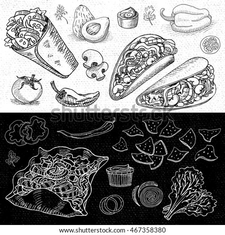 Set of chalk hand drawn, in sketch style, food and spices, black and white chalkboard background. Fast food. Mexican food. Taco, burrito, ingredients, mushrooms, tomato, pepper, onion, salad.
