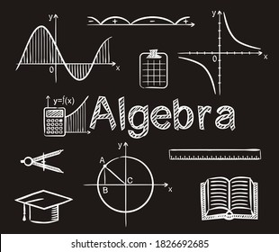 Set of chalk  hand-drawn icons on the theme of Maths and Algebra. Pictograms of Ruler, compasses, graphs, book, hat, calculator on blackboard. Vector illustration for school and education projects.