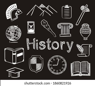 Set of chalk  hand-drawn icons on the theme of History. Pictograms of book, pyramids, globe, clock, helmet and other ancient items on blackboard. Vector illustration for school and education projects.