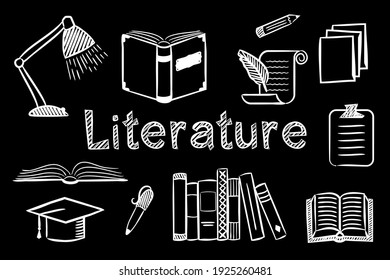 Set of chalk  hand-drawn icons on the theme of Literature and Reading. Pictograms of open book, hat, table lamp, paper on blackboard. Vector illustration for school and education projects.