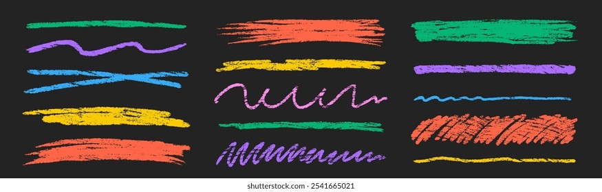 Conjunto de realce de giz e ênfase de textura. Rabiscos de giz de cera multicolor e cruz em um fundo preto. Ilustração do vetor Grunge.