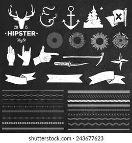 Set of chalk hipster vintage retro labels, dividers and logo on chalkboard background