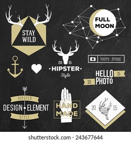 Set of chalk hipster vintage retro labels, dividers and logo on chalkboard background