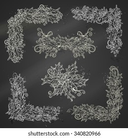 Set of chalk holly berries page decorations and dividers. Christmas vintage design elements on blackboard background. Can be used for your Christmas invitations or congratulations.
