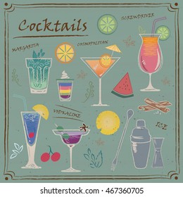 Set Of Chalk Line Cocktail & Barware Illustrations