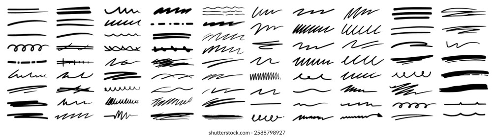 set of chalk lines and charcoal highlight strokes in a doodle sketch style. Includes pencil underlines, crayon strips, and brush lines with a grunge texture. Hand-drawn vector illustration on a white
