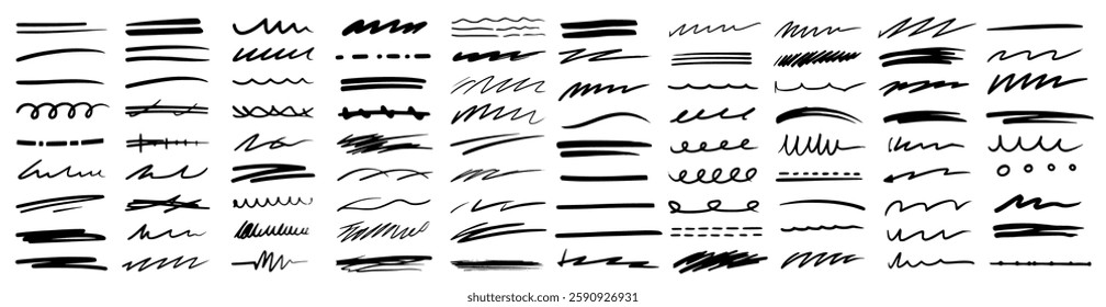 set of chalk lines and charcoal highlight strokes in a doodle sketch style. Includes pencil underlines, crayon strips, and brush lines with a grunge texture. Hand-drawn vector illustration on a white