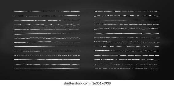 Set of chalk lines on chalkboard background. Hand drawn vector borders. Vintage doodle underlines. Cartoon pattern element. Grunge frame set. 