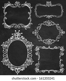 Set of chalk ornamental detailed hand drawn frames illustrations in vector. Chalkboard background.