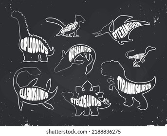 A set of chalk outlines of white dinosaurs with inscriptions on a chalkboard background. Vector illustration