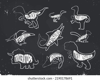 A set of chalk outlines of white dinosaurs with inscriptions on a chalkboard background. Vector illustration