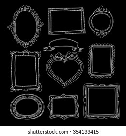 Set of chalk painted doodle frames on a black chalkboard vector. Handdrawn retro decoration line collection