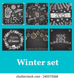Conjunto de vectores de invierno pintados con tiza. Feliz Año Nuevo.