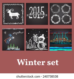 Set of chalk painted winter vectors. Happy New Year theme.