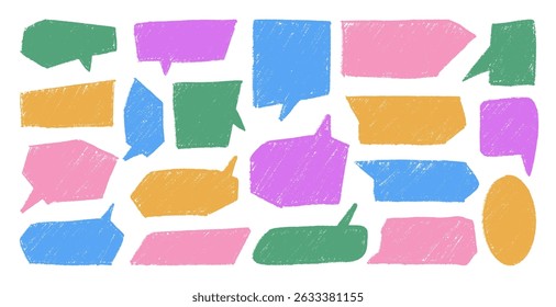 A set of chalk or pencil boxes for text, memo or advertisements. Bright textured speech bubbles. Hand-drawn design elements.