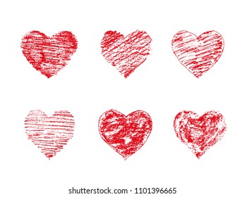 Set of chalk red grunge textured hearts. Design elements. Vector background. Isolated on white background. Round frames.