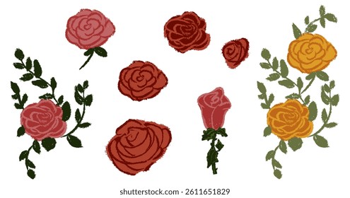 Set chalk rose flowers. Botanic blossom floral branches with leaves, bud on stem. Hand drawn garden valentine love roses plant collection. Freehand vintage pencil textured vector illustration isolated