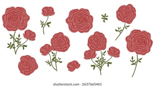 Set chalk rose, peony flowers. Botanic blossom floral branches, leaves, bud on stem. Hand drawn garden peonies or roses plant collection. Freehand vintage pencil textured vector illustration isolated