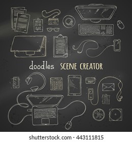 Set of chalk scene creator elements on blackboard background. Hand-drawn doodles gadgets and office supplies. 20+ items. Top view. Design elements for work and education. Laptop, computer, documents.