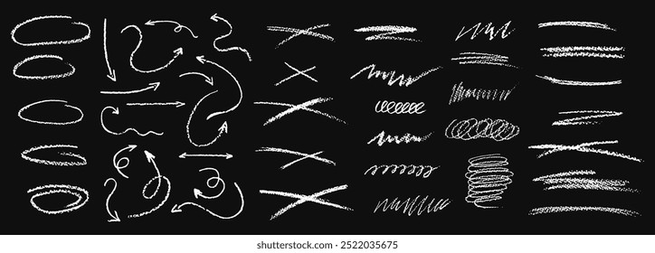 Set of chalk scribble arrows, frames and line brush elements. Collection of white wax pencil drawn highlighter spots and cross shapes. Rough crayon vector illustration. Squiggles in children style