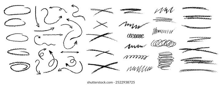 Set of chalk scribble arrows, frames and line brush elements. Collection of black wax pencil drawn highlighter spots and cross shapes. Rough crayon vector illustration. Squiggles in children style