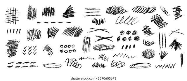 Set of chalk scribble frames and line brush elements. Collection of white wax pencil drawn highlighter spots and cross shapes. Rough crayon vector illustration. Squiggles in children style