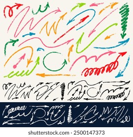 Set of chalk scribble, line brush, arrow. Vector hand drawn scribble crayola, marker color brush texture. Template crayon arrow, underline, handwritten check elements. Vector illustration rough chalk.