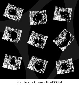Set of chalk sketched fruit. Vector, isolated on black background. Black silhouette. 