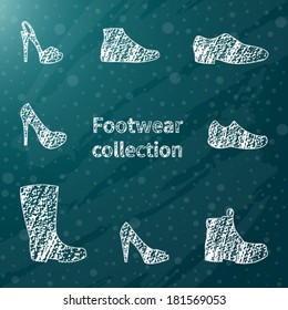 Set of chalk sketched shoes. Vector, isolated on dark background. 