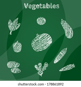 Set of chalk sketched vegetables. Vector, isolated on green background.