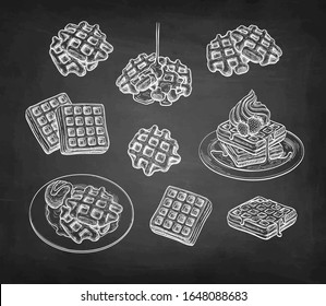 Set of chalk sketches on blackboard background. Waffles with syrup and ice cream. Hand drawn vector illustration. Retro style big collection.