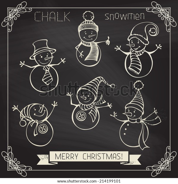 Set of chalk snowmen. Calligraphic\
frame and design elements on chalkboard\
background.